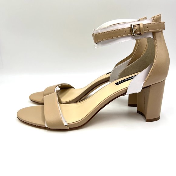 Nine West Size 10 Natural Nude Tan Beige Leather Block Heels Sandals Shoes - Picture 6 of 14